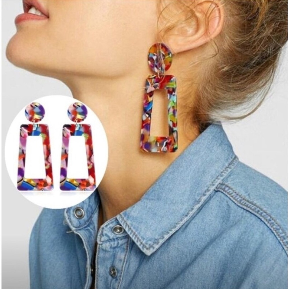 Long Fun Fashion Multi Colored Marble Design Acrylic Drop Down Dangle Earrings